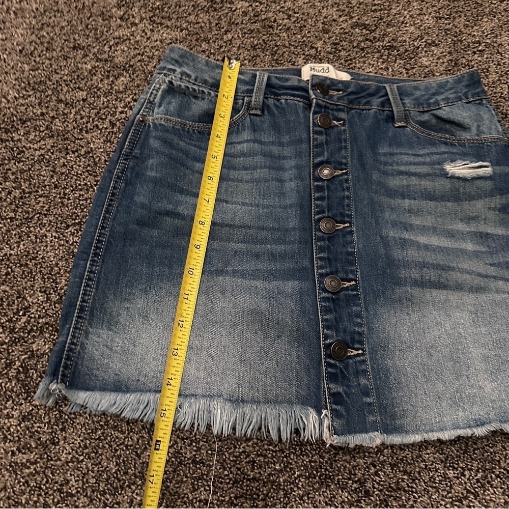 Mudd Button-Front Distressed Denim Skirt Raw Hem Blue Jean Stretch Size 9 Womens - Picture 7 of 7